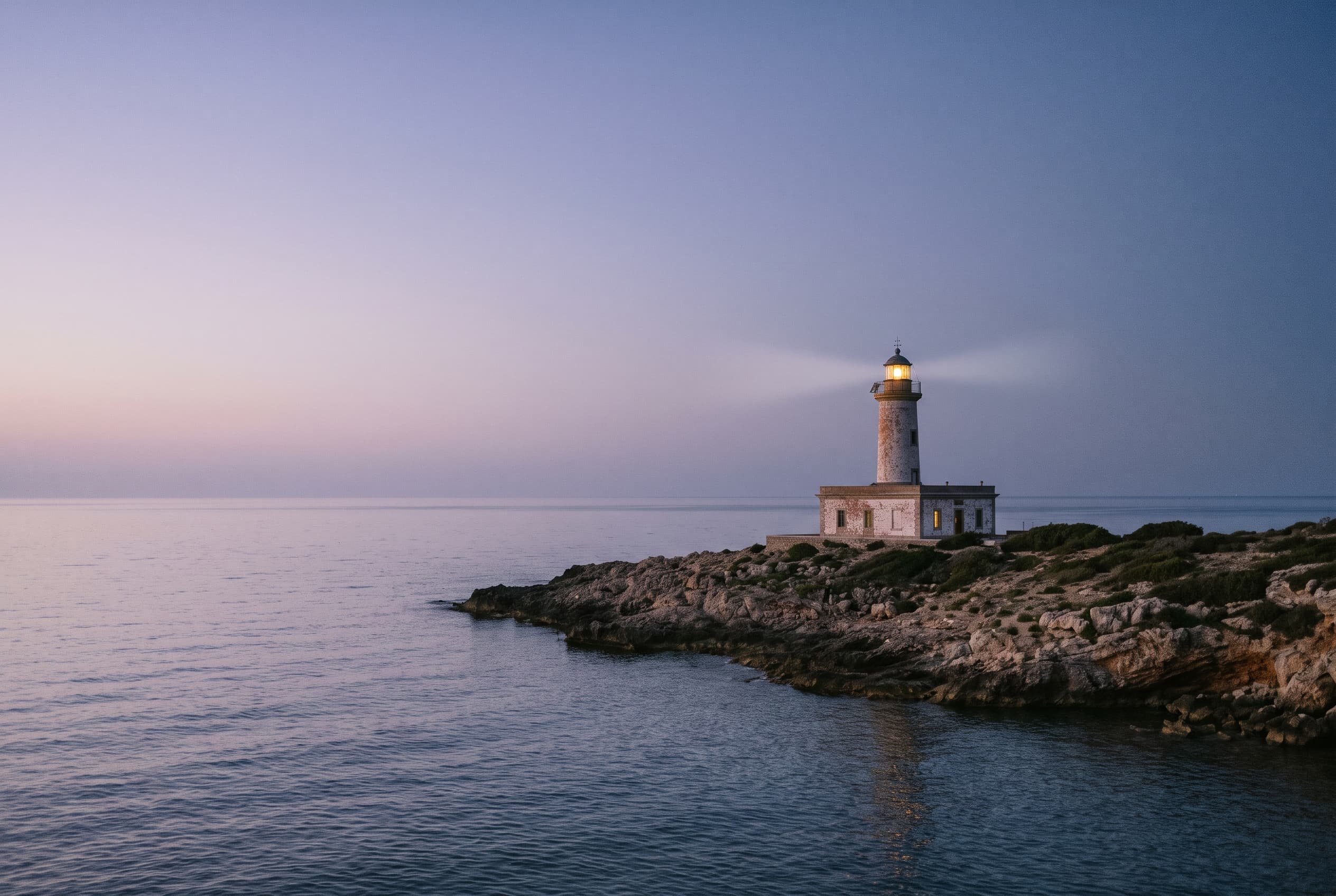 A lighthouse on a rocky point at dusk, its light on over a calm sea.