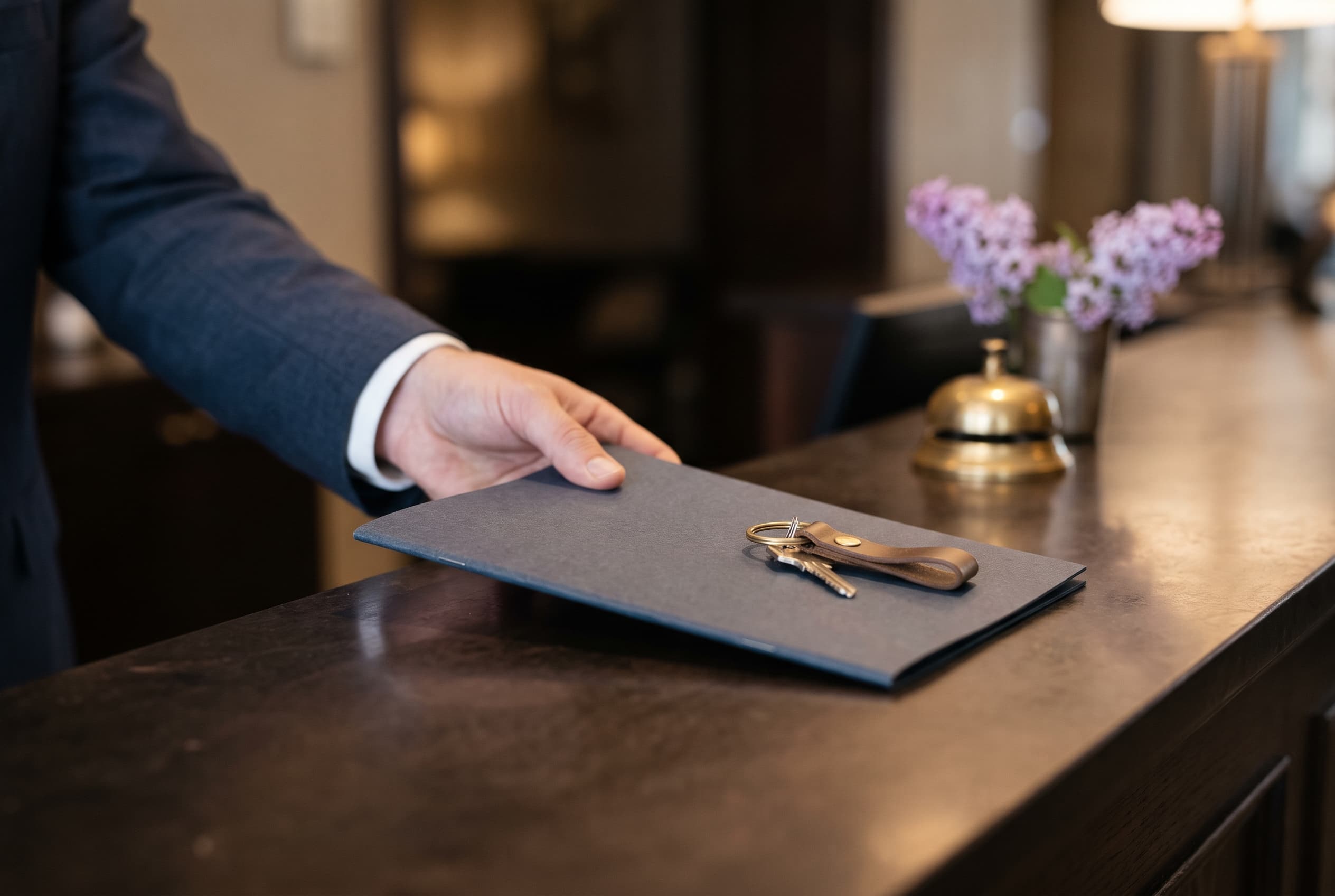 A hand slides a finished folder and a set of keys across a polished concierge desk.