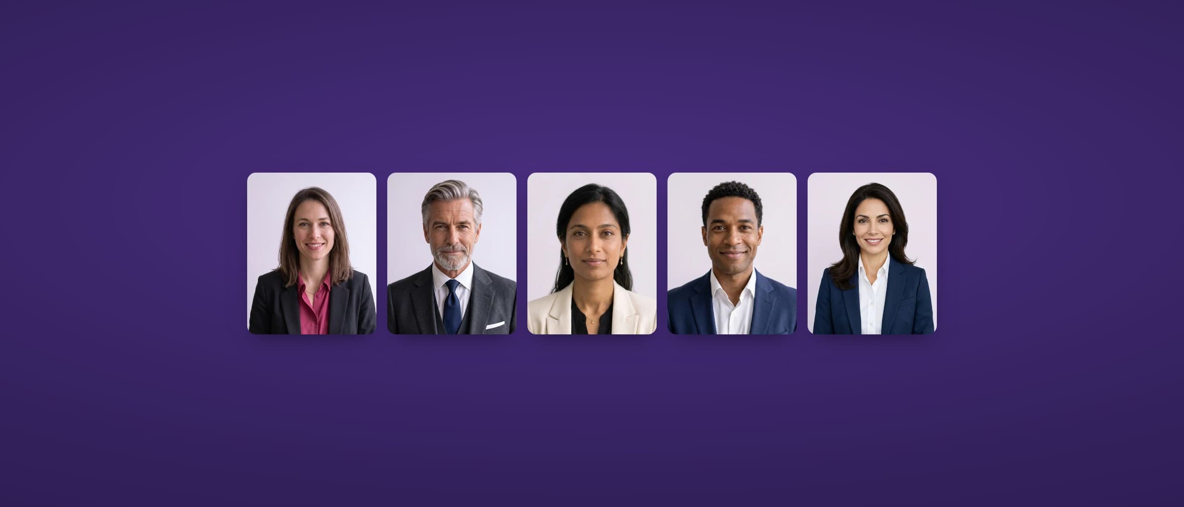Headshots of the five Curfew Labs AI executive agents, AI-generated personas: Simone Marshall, Alfred Bennett, Divya Suthi, Michael Hudson and Carmen Torres