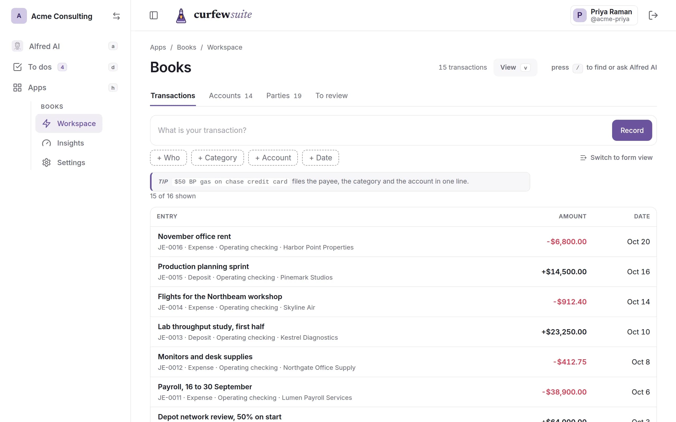 The Books transaction list, showing deposits and expenses with their payee, account and date.