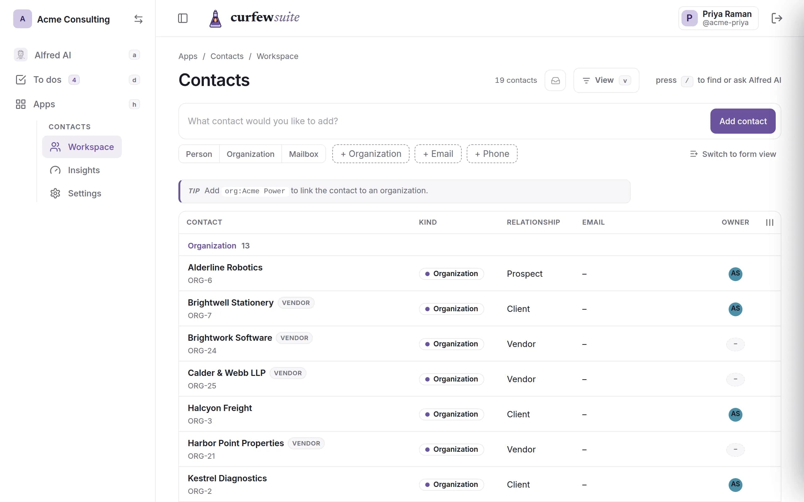 A Contacts list of organizations marked as client, vendor or prospect, each with its owner.