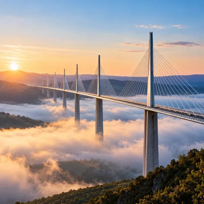 A cable-stayed bridge spanning a valley above the clouds at sunrise