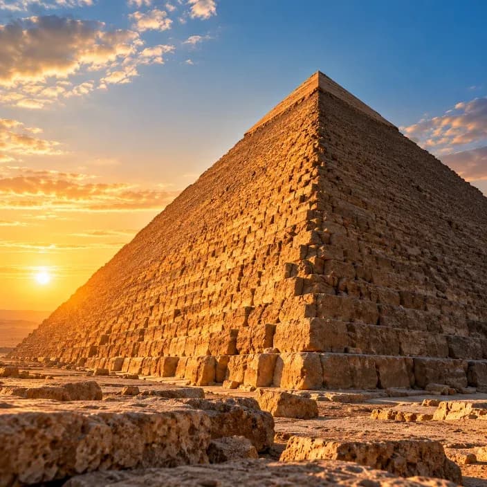 A great stone pyramid lit by the setting sun